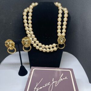 80’s Kenneth J Lane for Avon gold plate Lion Pearl Necklace & Clip Earring set